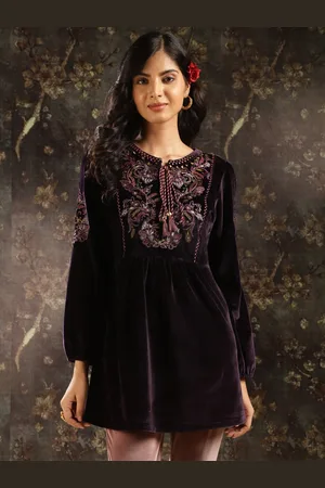 Lakshita Ethnic Motifs Embroidered Tie Up Neck Velvet Tunic