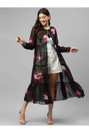 DEEBACO Women Floral Print Tie-Up Neck Georgette Shrug