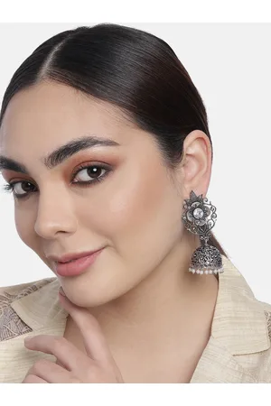 LAIDA Silver-Toned Oxidized Dome Shaped Jhumkas Earrings