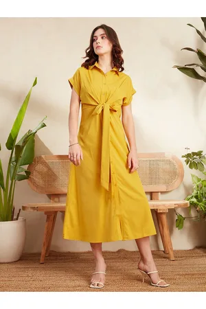 Berrylush Mustard Yellow Shirt Collar Extended Sleeves Tie-Up Detailed Midi Shirt Dress