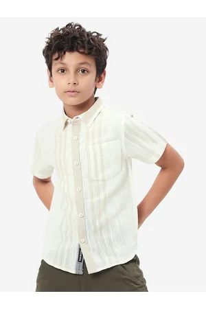 BONKIDS Boys Striped Spread Collar Short Sleeves Cotton Shirt