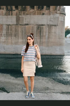 Roadster The Lifestyle Co Women Teal Blue Mauve Striped Oversized Boyfriend Fit Pure Cotton T-shirt