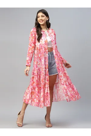 DEEBACO Women Floral Print Tie-Up Neck Chiffon Shrug