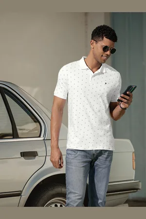 Louis Philippe Men White & Black Printed Polo Collar T-shirt