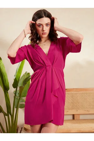 Berrylush Pink V-Neck Flared Sleeves Ruffles A-Line Mini Dress