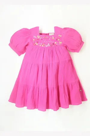 Cherry Crumble Girls Puff Sleeve Embroidered Pure Cotton Tiered A Line Dress