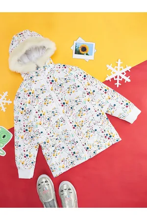 Pantaloons Girls Floral Printed Woven Fur Longline Padded Jacket