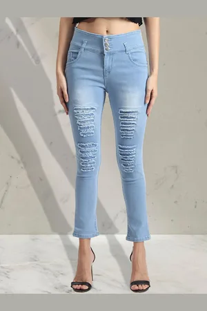 A-Okay Girls Slim Fit High-Rise Highly Distressed Light Fade Stretchable Jeans