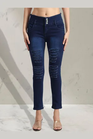 A-Okay Girls Slim Fit Mid-Rise Dark Shade Highly Distressed Stretchable Cropped Jeans