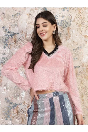 ATHENA V-Neck Long Sleeves Fur Fringed Crop Top
