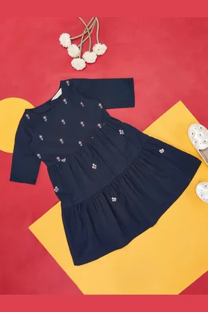 Pantaloons Girls Floral Embroidered Tiered Cotton Fit & Flare Dress
