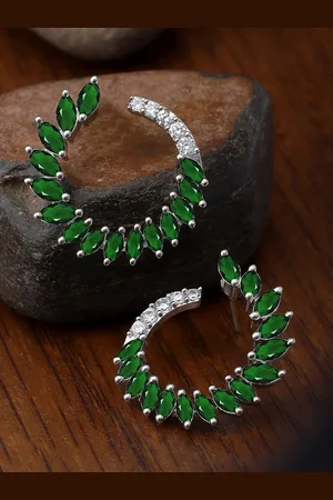 karatcart Silver-Plated Cubic Zirconia Studded Contemporary Half Hoop Earrings