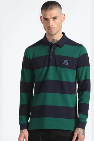 Flying Machine Men Green Striped Polo Collar Pockets T-shirt
