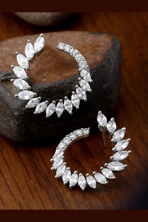 karatcart Silver-Plated Cubic Zirconia Contemporary Half Hoop Earrings