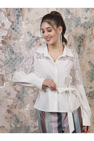 ATHENA White Cuffed Sleeves Lace Inserts Shirt Style Top