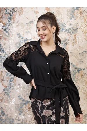 ATHENA Black Cuffed Sleeves Lace Inserts Shirt Style Top