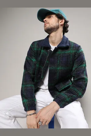 Campus Checked Spread Collar Windcheater Faux Leather Trim Cotton Tailored Jacket