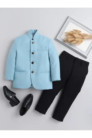 BAESD Boys 2 Piece Mandarin Collar Bandhgala Blazer With Trousers
