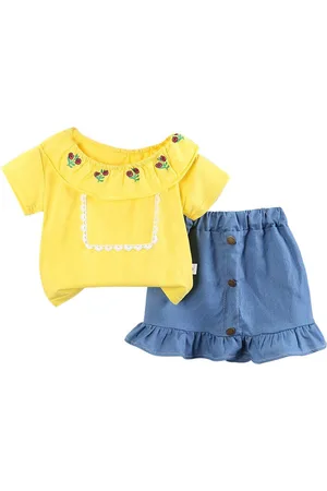 Stylecast Girls Yellow & Blue Printed Top with Skirt