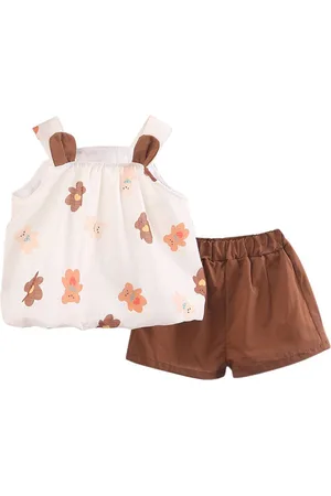 Stylecast Girls White & Brown Conversational Printed Top With Shorts