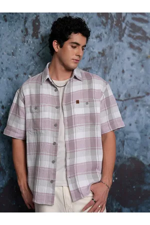 LocoMotive Men Pink Mock Lino Dobby Textured Checked Utility Pocket Oversized Shirt
