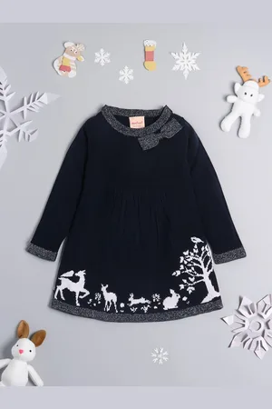 Nauti Nati Girls Printed Acrylic Sweater Dress With Bow Detail