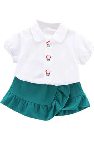 Stylecast Girls Green Shirt Collar Puff Sleeves Top with Skirt