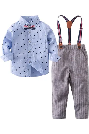Stylecast Boys Blue Printed Shirt And Trousers With Suspenders