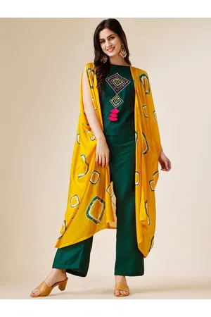 Sangria Green Embroidered Round Neck Sleeveless Top With Palazzo & Shrug