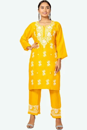 FAWOMENT Floral Embroidered Straight Kurti With Sharara