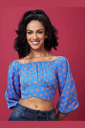 Globus Blue Conversational Printed Puff Sleeves Regular Crop Top