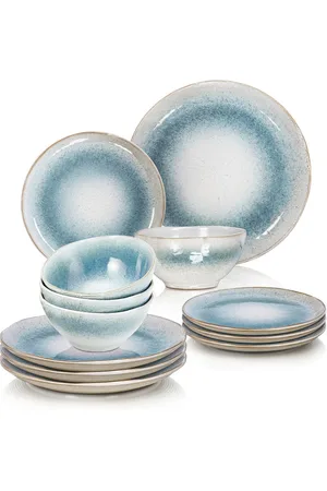 Anko White & Teal 12 Pieces Printed Terracotta Glossy Dinner Set