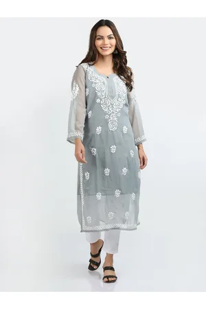 FAWOMENT Women Grey Floral Embroidered Chikankari Handloom Georgette Kurta