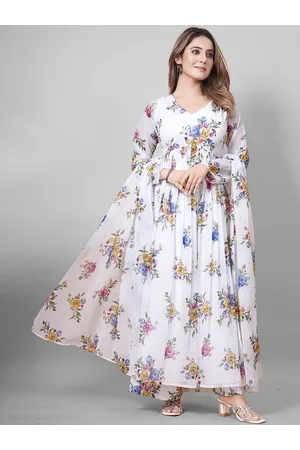 CHANSI Floral Printed V-Neck Empire Anarkali Kurta & Palazzo With Dupatta