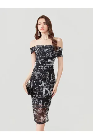JC Collection Typography Printed Off-Shoulder Ruched Bodycon Dress
