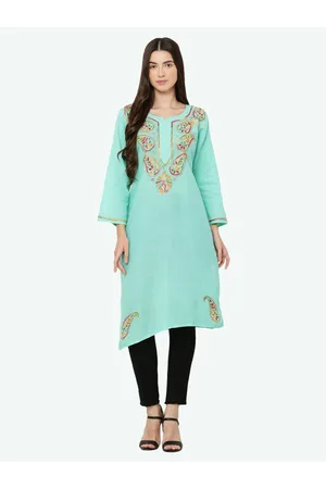 FAWOMENT Women Turquoise Blue Paisley Yoke Design Flared Sleeves Thread Work Pathani Kurta