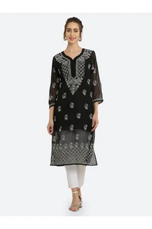 FAWOMENT Women Geometric Embroidered Thread Work Georgette Handloom Georgette Kurta