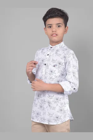 Crimsoune Club Boys Floral Printed Band Collar Roll Up Sleeves Straight Kurta