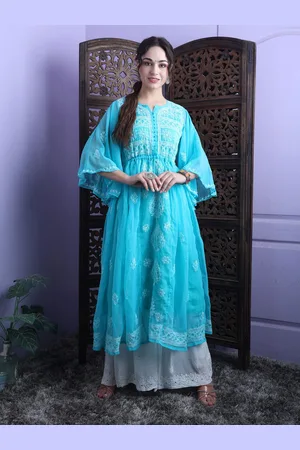 FAWOMENT Sea Green Ethnic Motifs Embroidered Chikankari Floral Georgette Kurta
