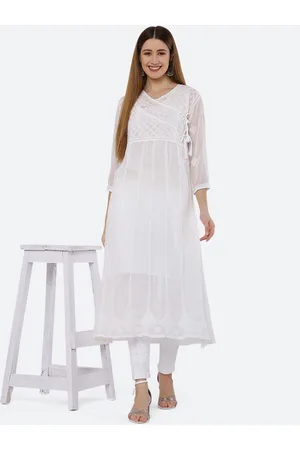 FAWOMENT Women White Embellished Chikankari Georgette Anarkali Kurta