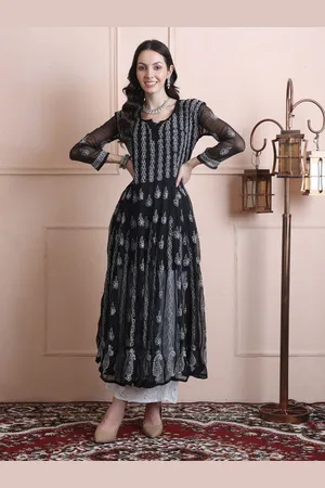 FAWOMENT Women Black & White Floral Thread Work Handloom Georgette Anarkali Kurta