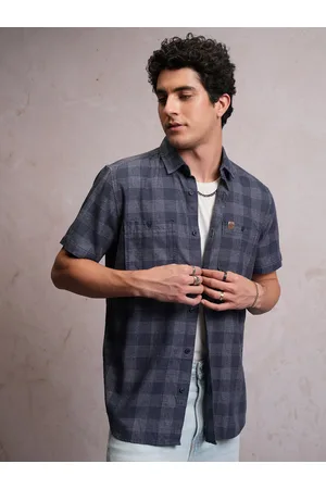 LocoMotive Men Blue Linen Blend Checked Utility Pocket Regular Shirt