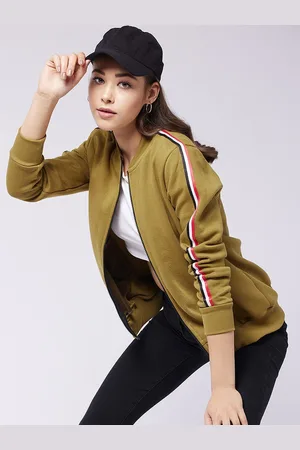 DressBerry Olive Green Mandarin Collar Fleece Bomber Jacket
