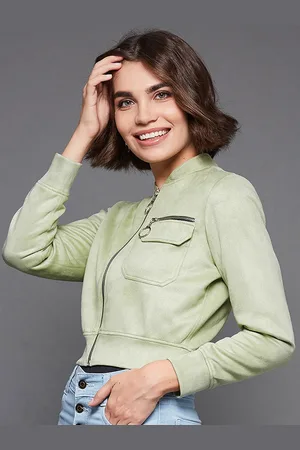DressBerry Green Stand Collar Crop Tailored Jacket