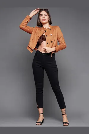 DressBerry Orange Mock Collar Double Breasted Crop Tailored Jacket