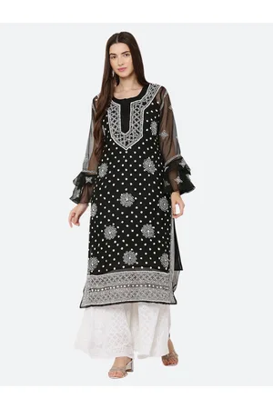 FAWOMENT Women Black Ethnic Motifs Embroidered Bell Sleeves Handloom Georgette Kurta