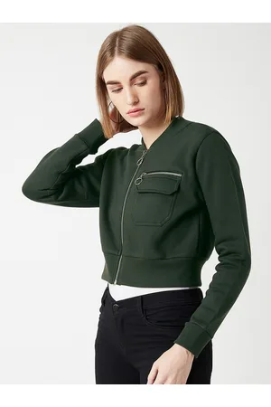 DressBerry Green Stand Collar Crop Bomber Jacket