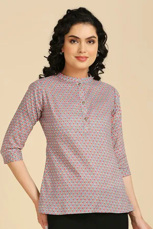 GUFRINA Ethnic Motifs Printed Mandarin Collar Cotton A-Line Top