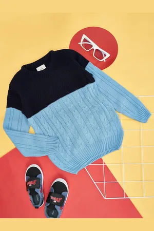 Pantaloons Boys Navy Blue & Blue Cable Knit Colourblocked Pullover Sweater