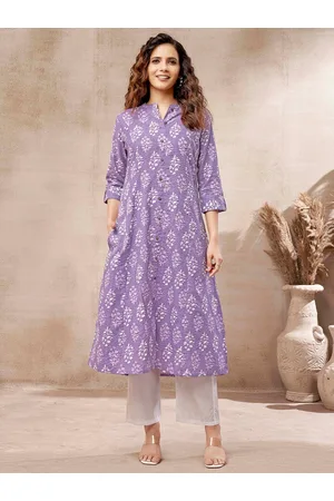 DRESOUL Floral Printed Kantha Work Detailed Pure Cotton A-Line Kurta